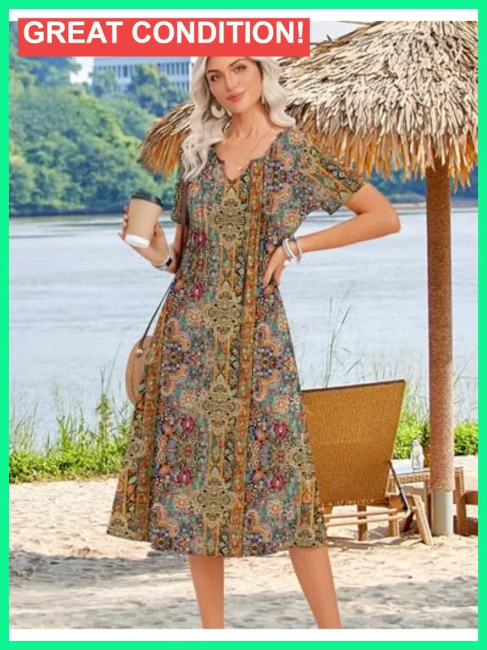 Casual Short Sleeve Pleated Midi Dress with Pockets Flowy Beach Sundress - Picture 3 of 6